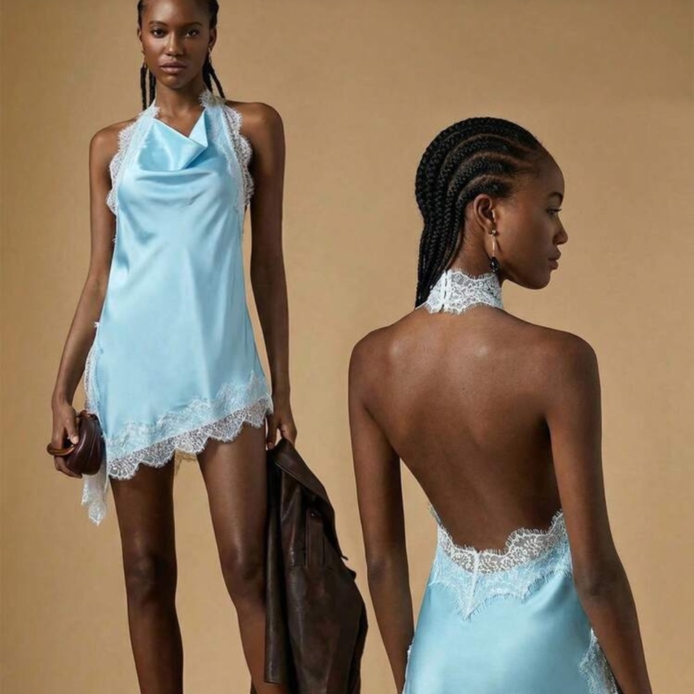 Sleek Blue Lace-Trimmed Chemise